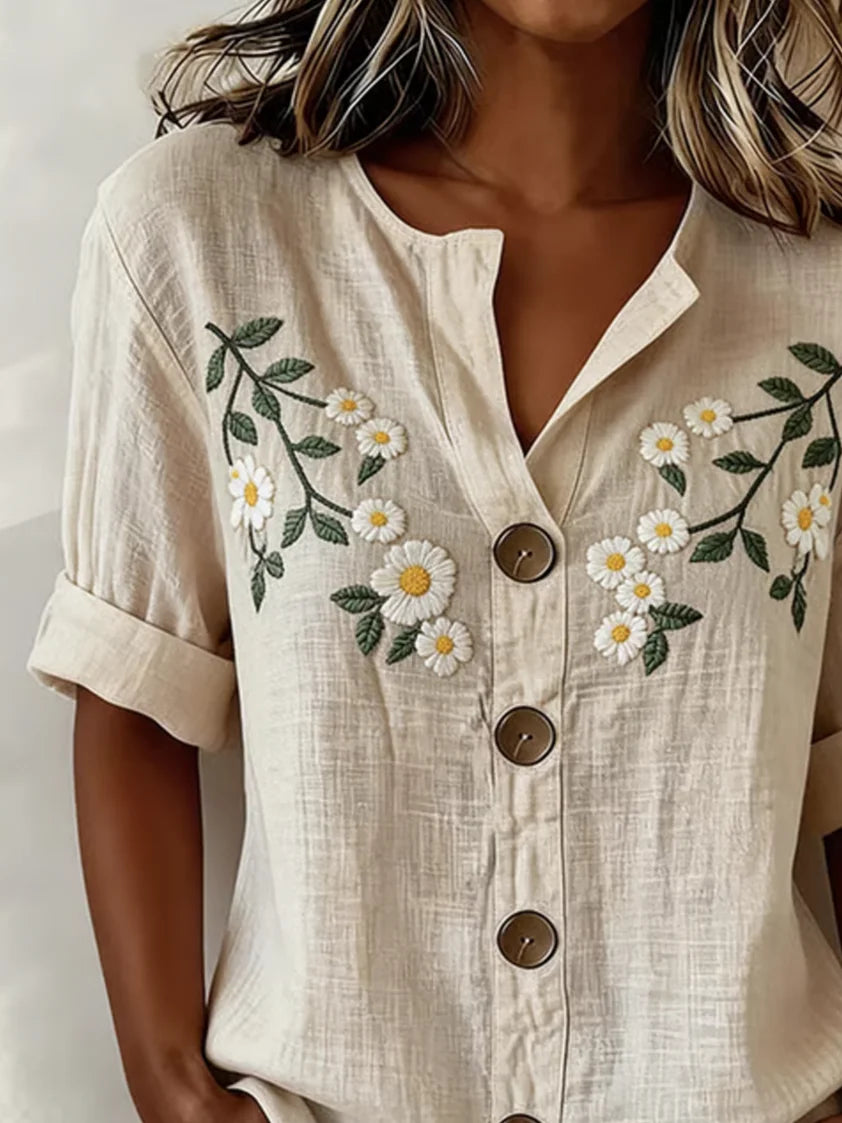 Simple Stand Collar Floral Linen Blend Shirt