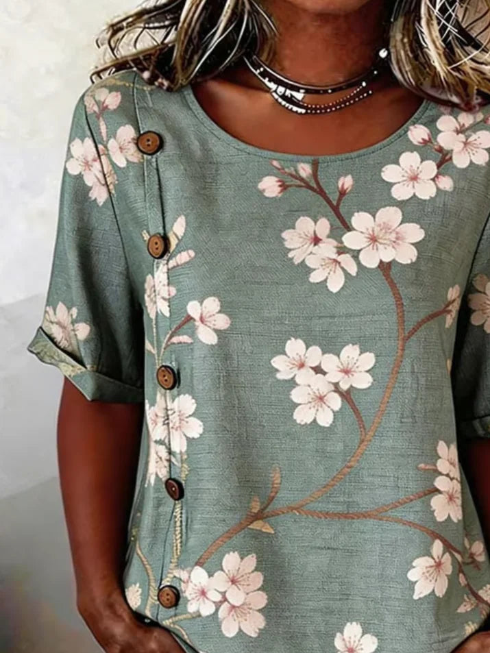 Floral Loose Linen Blend Elegant Shirt