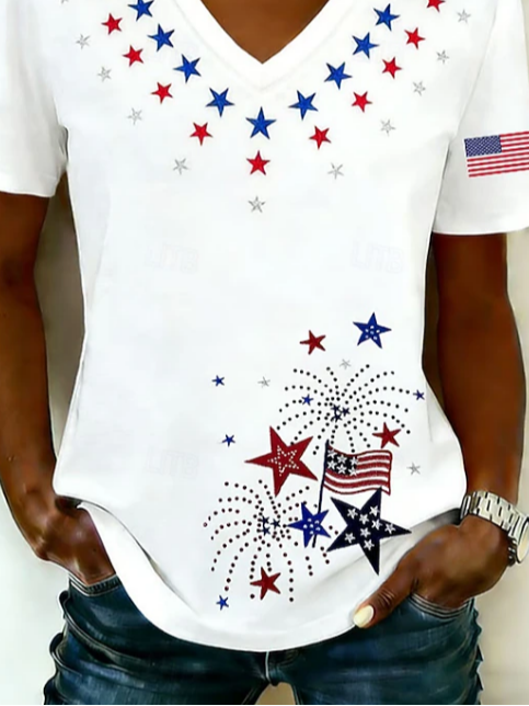 Women's USA 250th Anniversary Short Sleeve T-shirt Summer White America Flag Jersey V Neck Holiday Going Out Casual Top