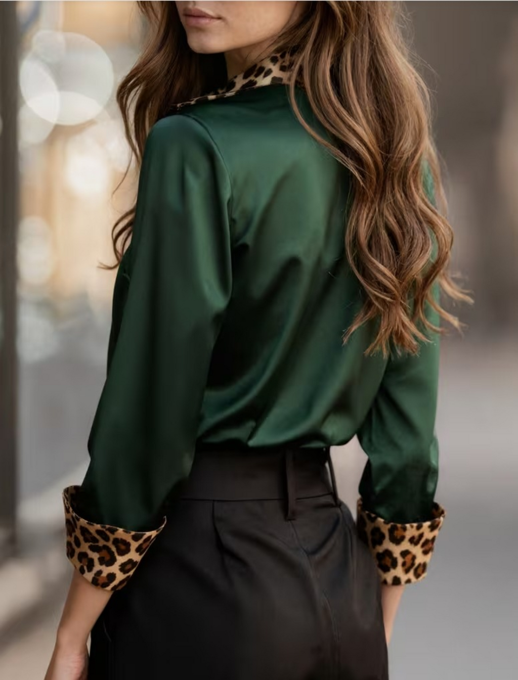 Women's Elegant Satin Color Block Leopard Printing Long Sleeve Shawl Collar Shirt