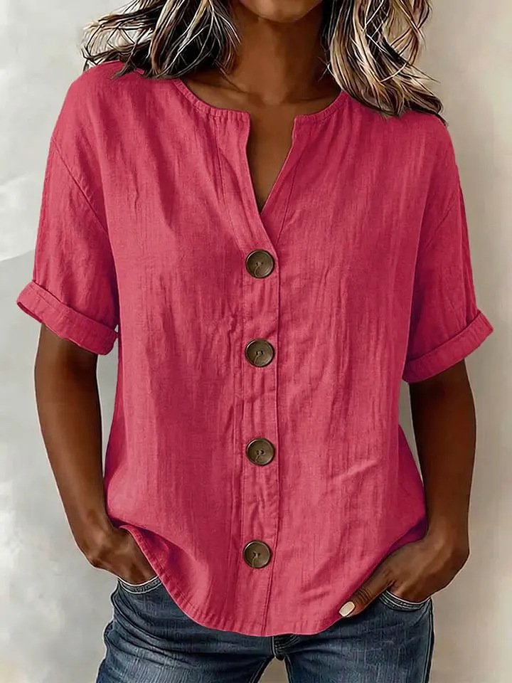 Women's Button-Down Shirt â€?3/4-Sleeve V-Neck Cotton-Linen Top | Stylish Buttoned Casual Shirt