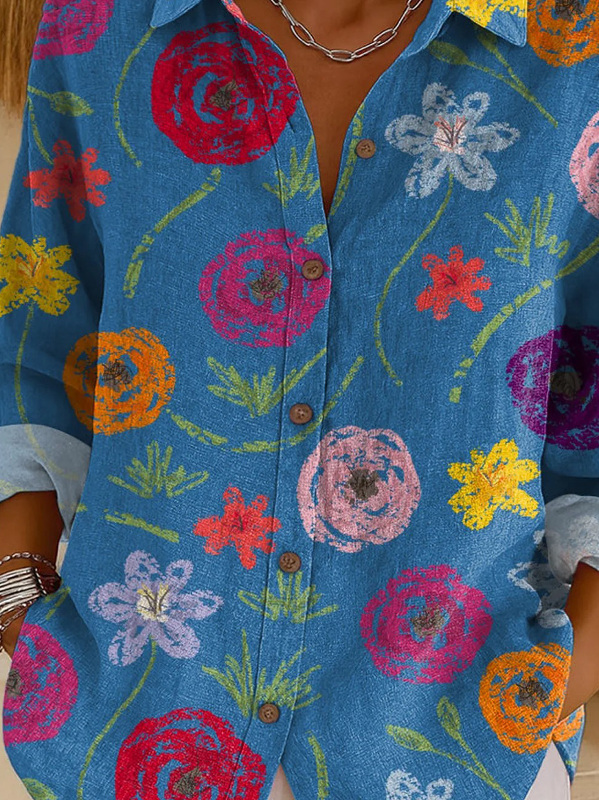 Loose Vintage Floral Shirt Collar Shirt