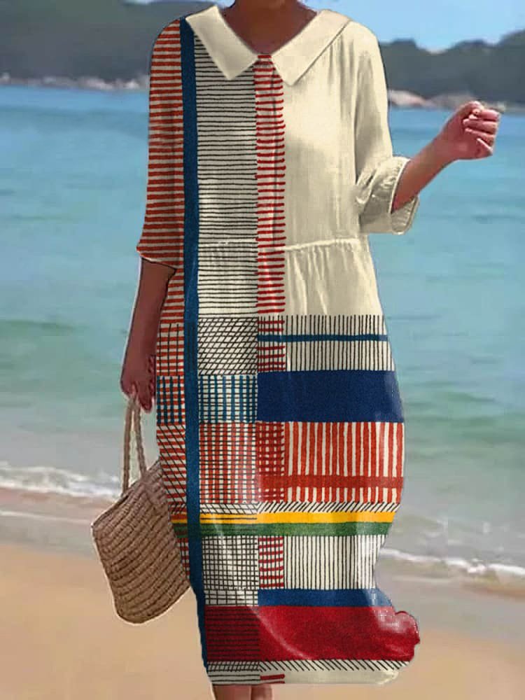 Cotton Casual Geometric Dress With No Belt
