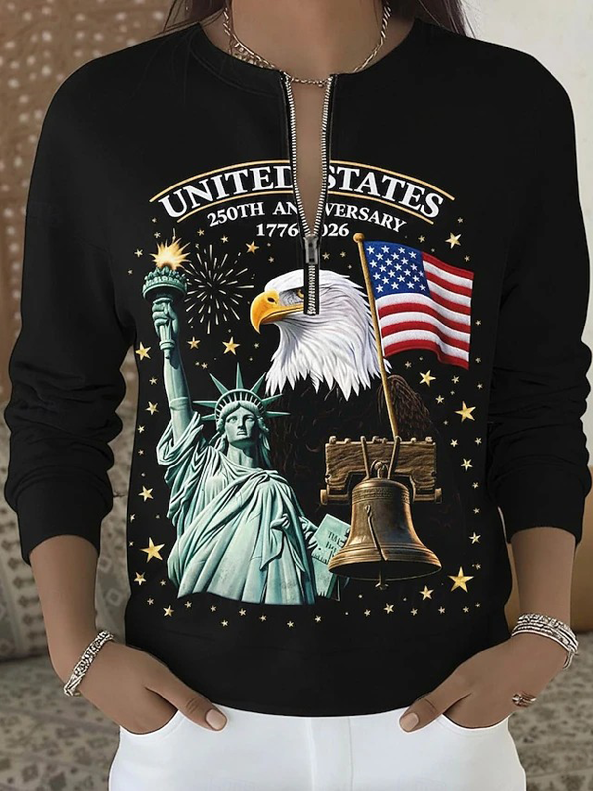 Independence Day Patriotic Long-Sleeved Hoodie with Front Zipper