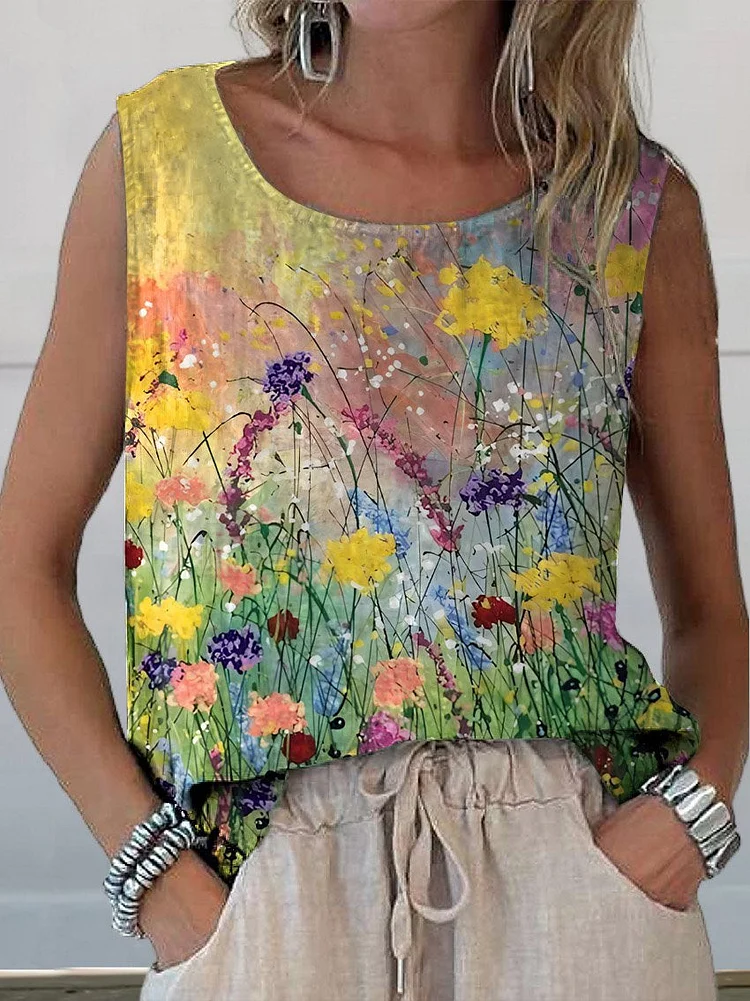 Women's Sleeveless Tank Top Summer As Picture Floral Printing Crew Neck Daily Going Out Casual Top