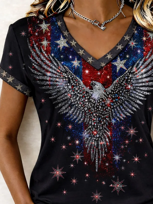 Women's Short Sleeve T-shirt Summer Black America Flag Printing V Neck Holiday Going Out Casual Top