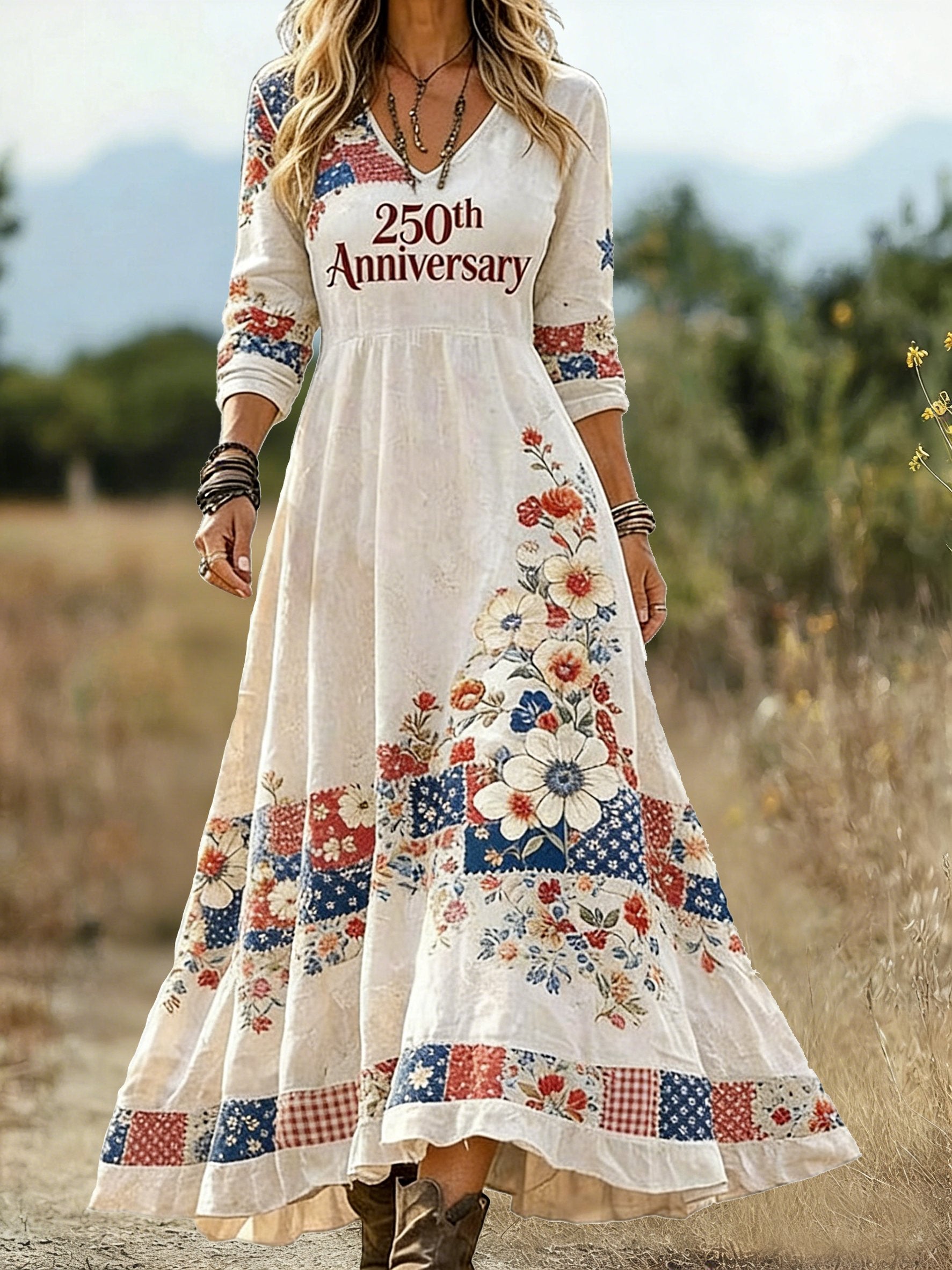 Women America Flag Spring Summer Dress Floral V Neck A-Line 250th Anniversary Letter Pattern Vintage Maxi Dress