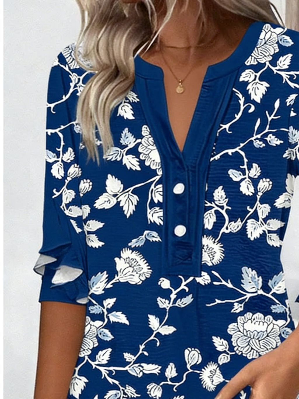 V Neck Vintage Loose Botanical Pattern Shirt