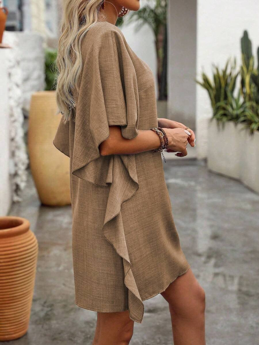 Women's Short Sleeve Summer Khaki Plain Split Joint V Neck Daily Going Out Vintage Mini A-Line Ruffle Skirt Dress