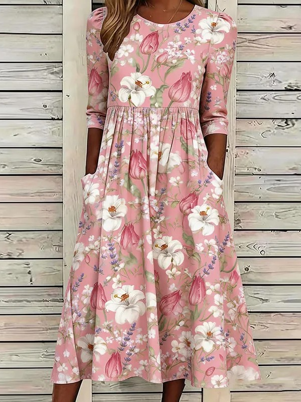 Loose Floral Elegant Crew Neck Dress With No