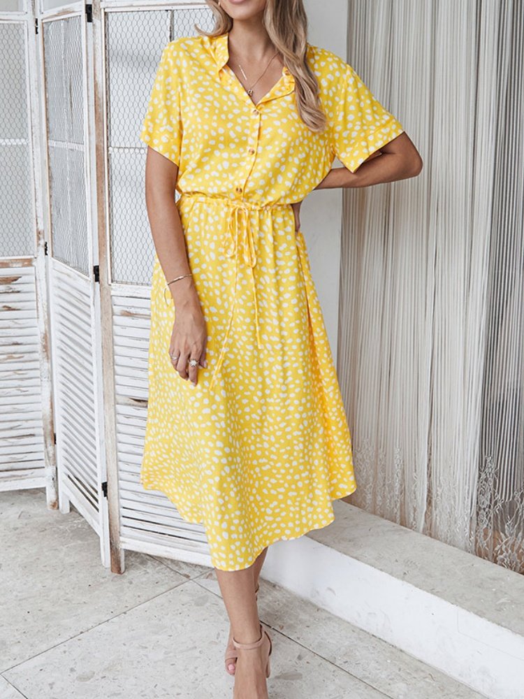 Women's Short Sleeve Summer Blue Polka Dots Split Joint V Neck Daily Going Out Vintage Maxi A-Line T-Shirt Dress Dress