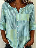 Women's Half Sleeve Shirt Summer Green Striped Buckle Crew Neck Daily Going Out Casual Top