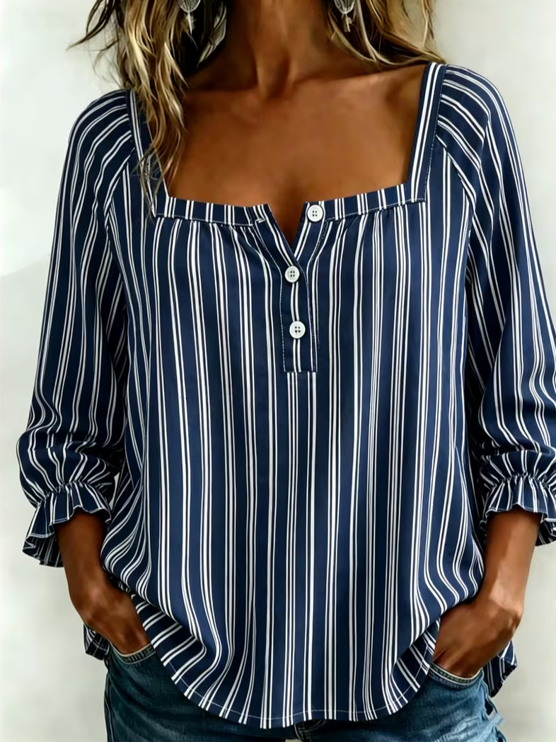 Women's Three Quarter Sleeve Blouse Spring/Fall Navyblue Striped Printing Square Neck Daily Going Out Vintage Top