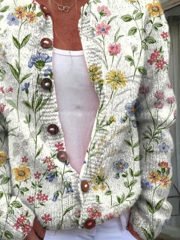 Women's Lovely Floral Art Print Buttoned Cardigan Sweater