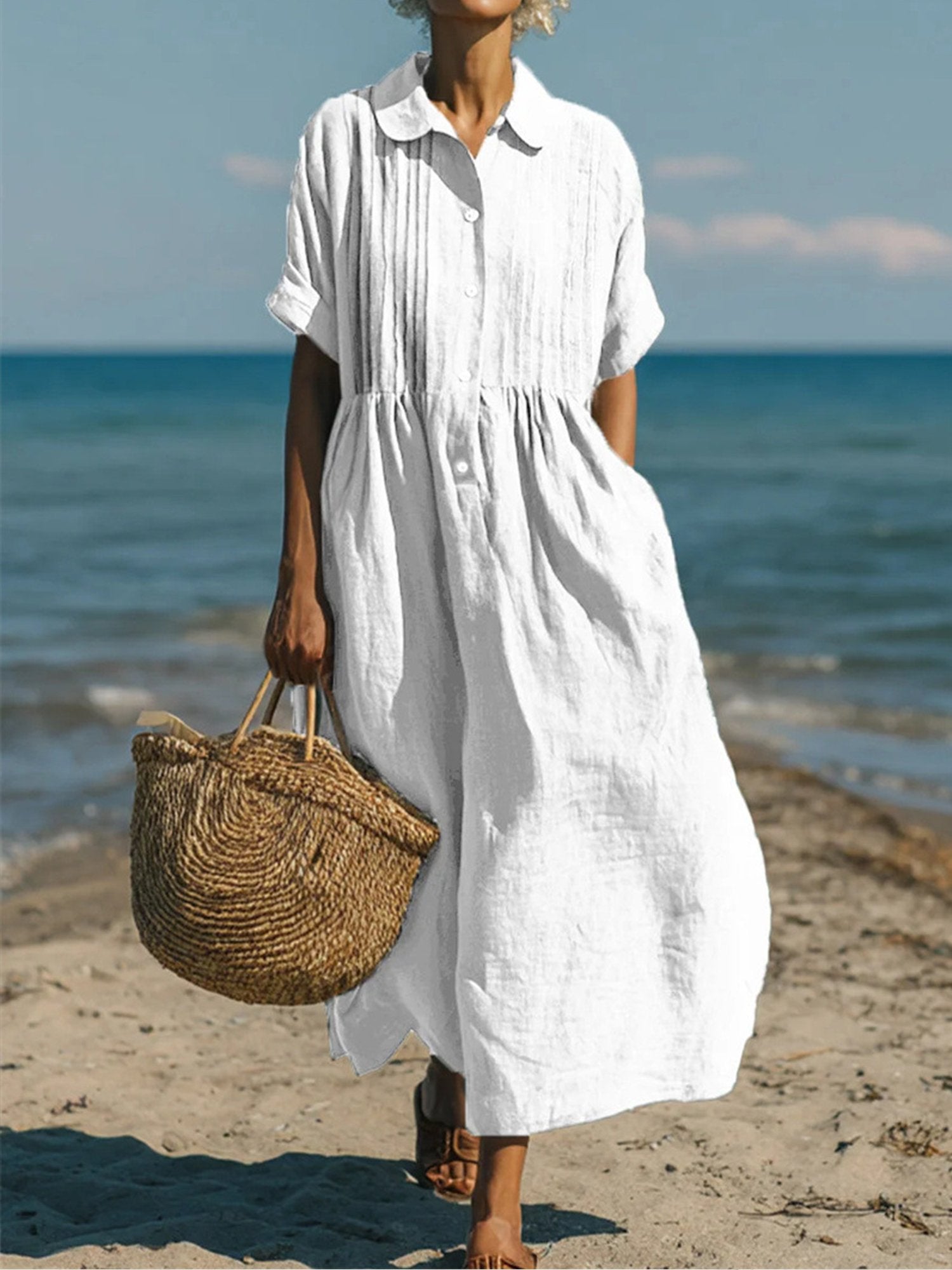 Casual Plain Shirt Collar Midi Dress