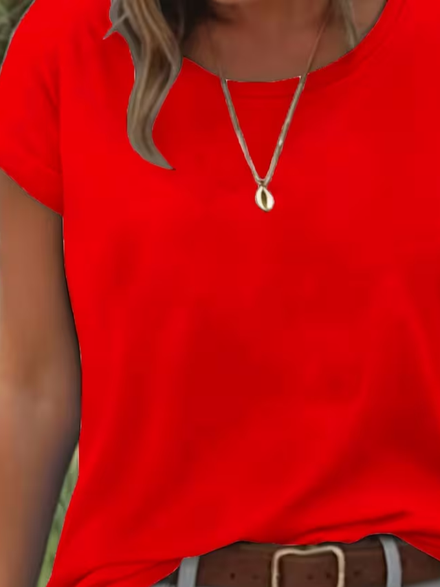 Women's Short Sleeve T-shirt Summer Red Plain Printing Jersey Crew Neck Daily Going Out Casual Top