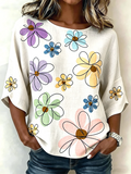 Cotton And Linen Vintage Floral Crew Neck Shirt