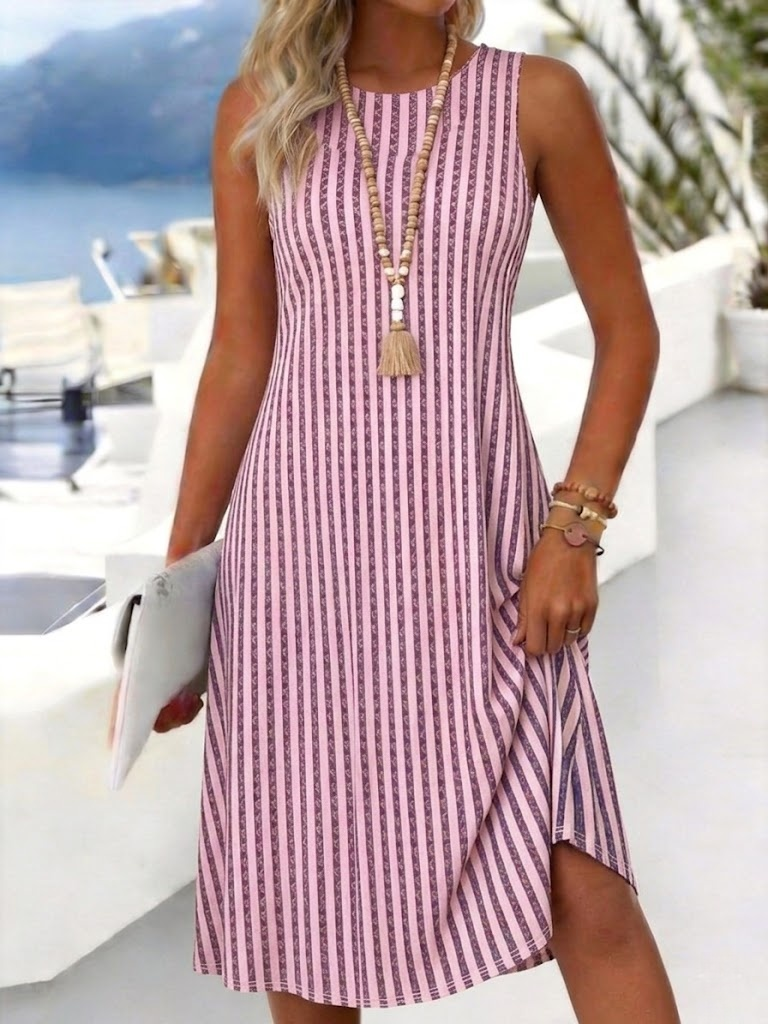Women's Casual Sleeveless Striped Midi Dress Pink Purple Boho Summer A-Line Tank Dress for Beach Vacation