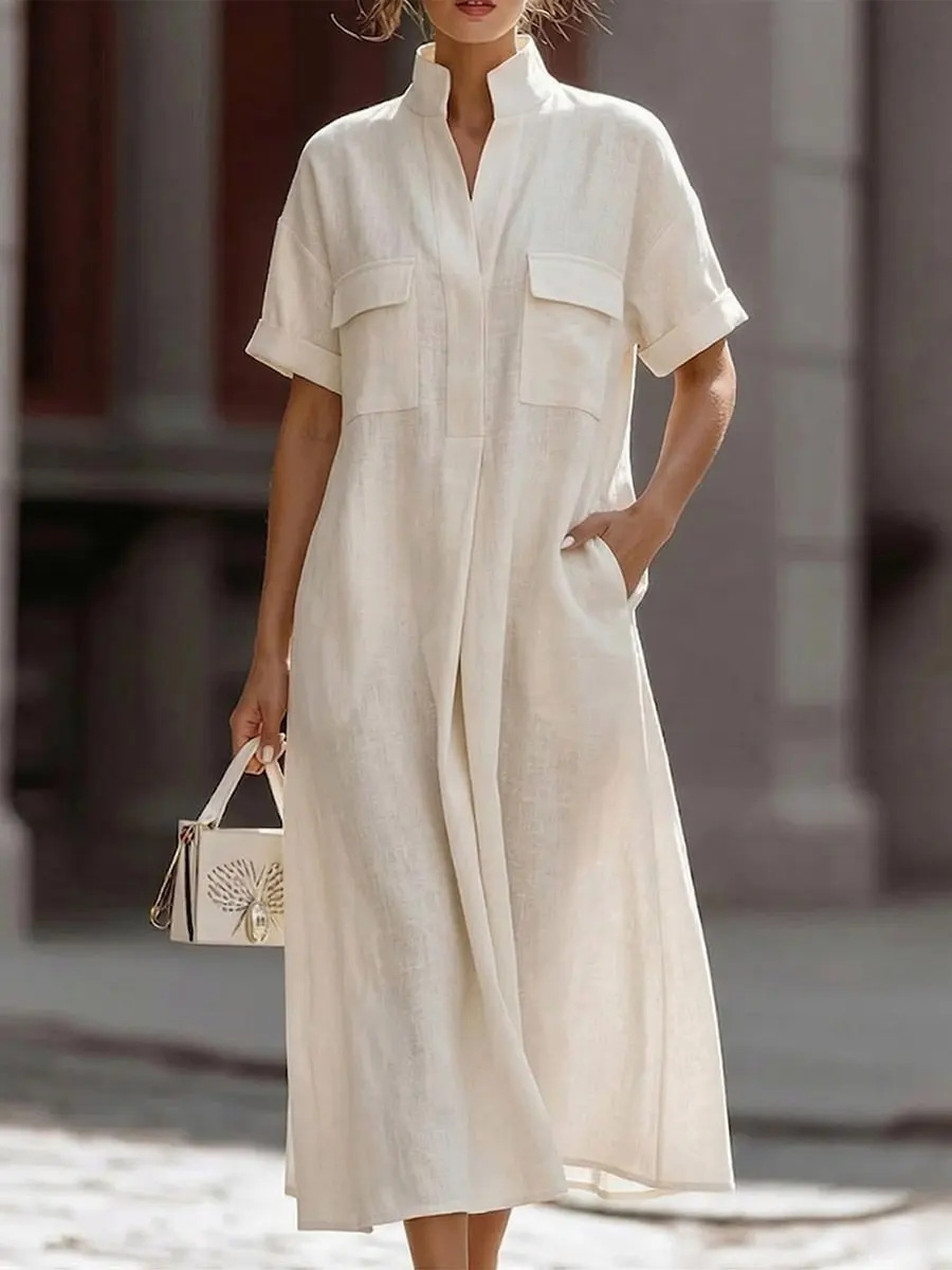 Casual Plain Shirt Collar Midi Dress
