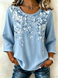 Cotton And Linen Elegant Floral Crew Neck Shirt
