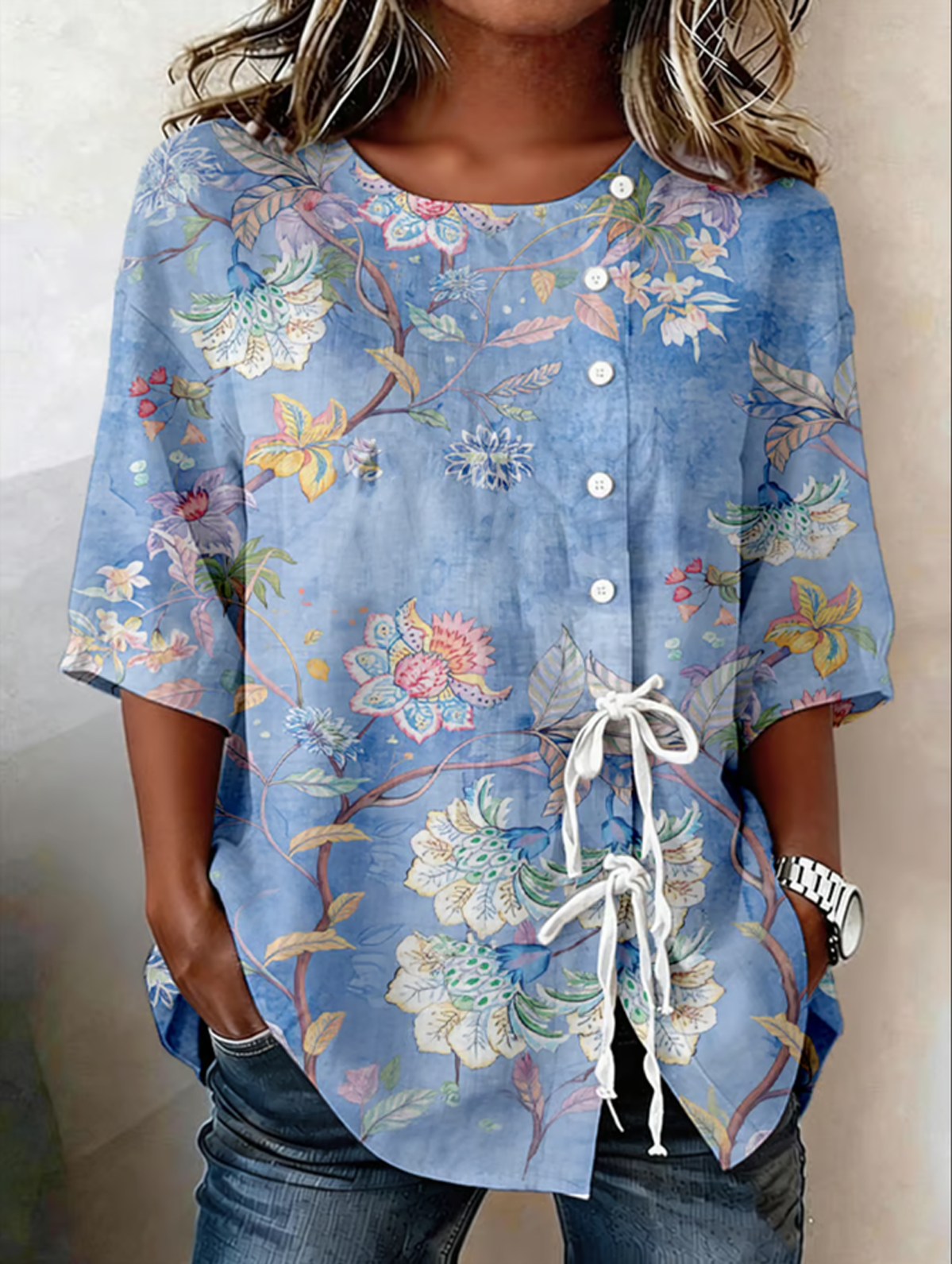 Elegant Botanical Pattern Loose Crew Neck Blouse