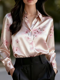 Women's Long Sleeve Shirt Spring/Fall Pink Floral Shawl Collar Daily Going Out Casual Top
