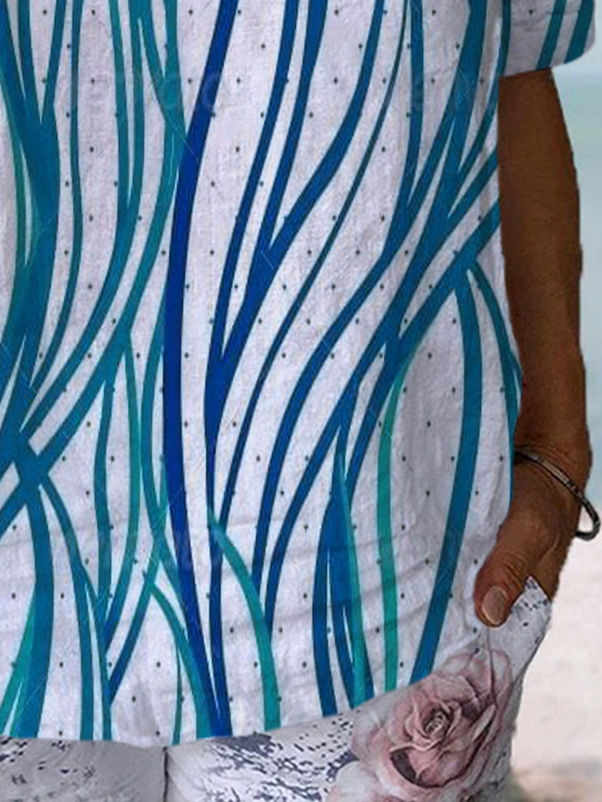 Abstract Print Short Sleeve V-Neck Blouses