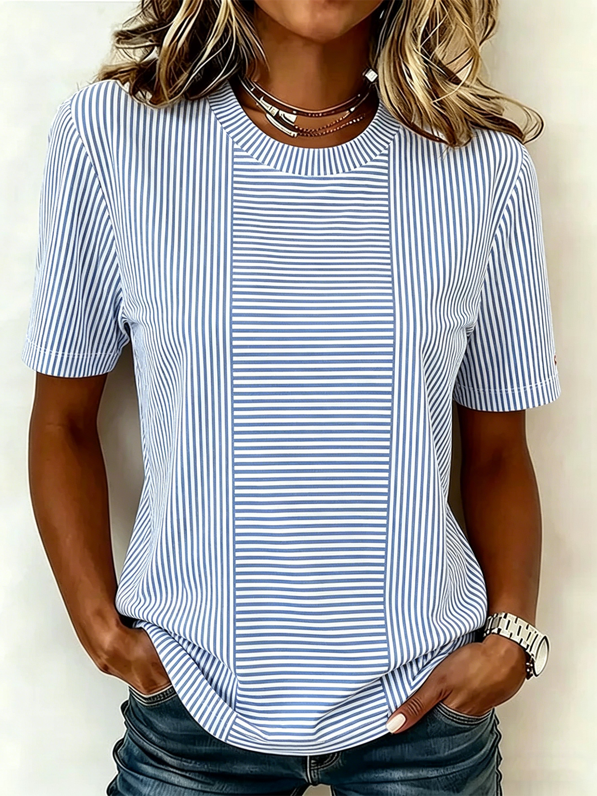 Regular Fit Striped Casual Crew Neck T-Shirt