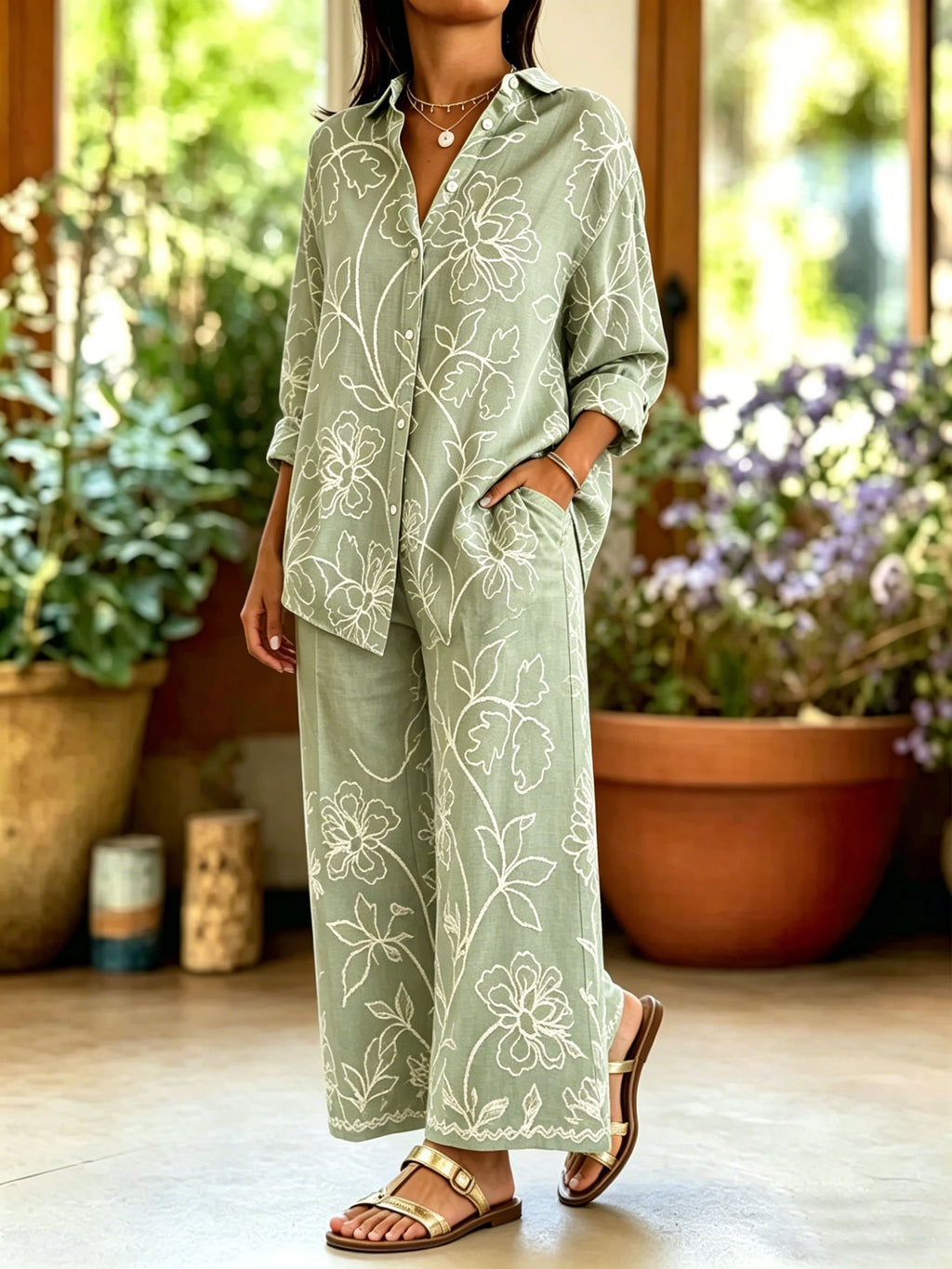 Vintage Botanical Print Shawl Collar Linen Blend Casual Shirt