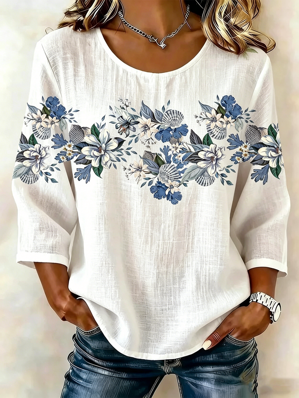 Crew Neck Cotton And Linen Elegant Loose Shirt