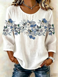 Crew Neck Cotton And Linen Elegant Loose Shirt