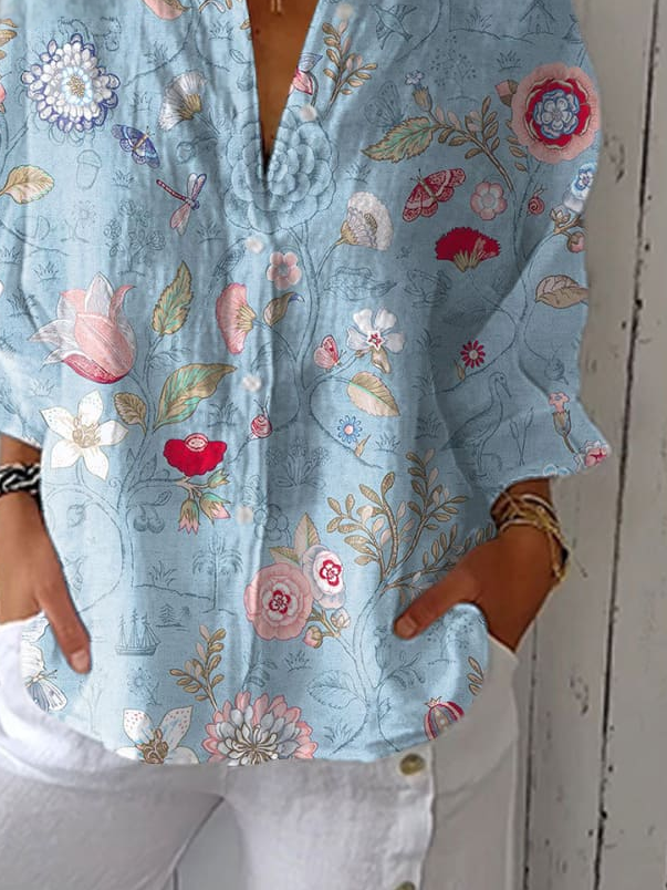 Vintage Hand Painted Casual Linen V Neck Shirt