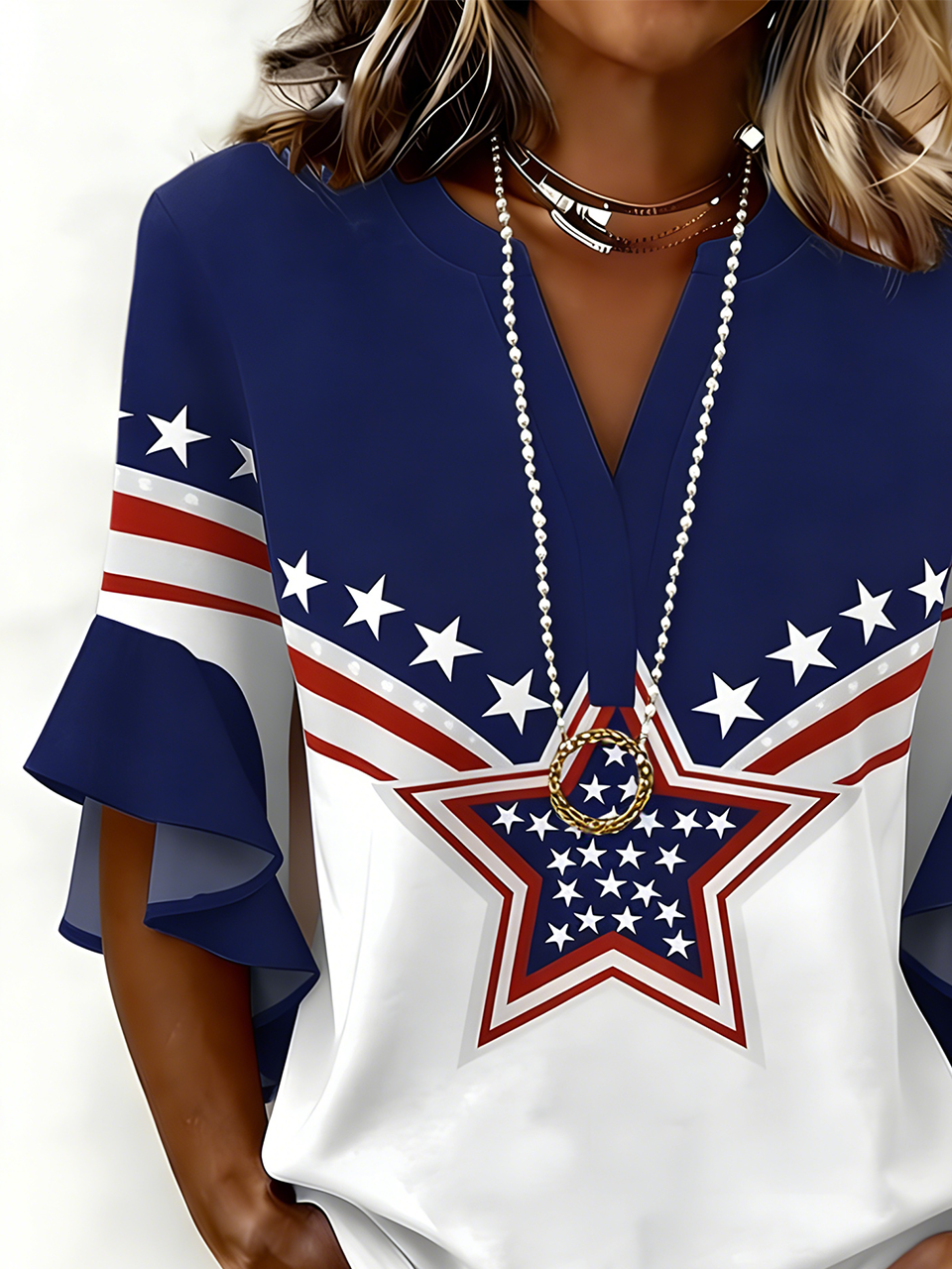 Women's V-Neck Multi-Layered Lace Design Shirt