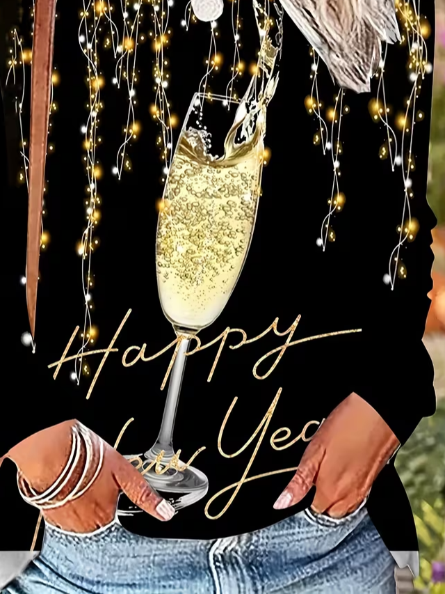Women's Happy New Year Print Crew Neck Long Sleeve T-Shirt
