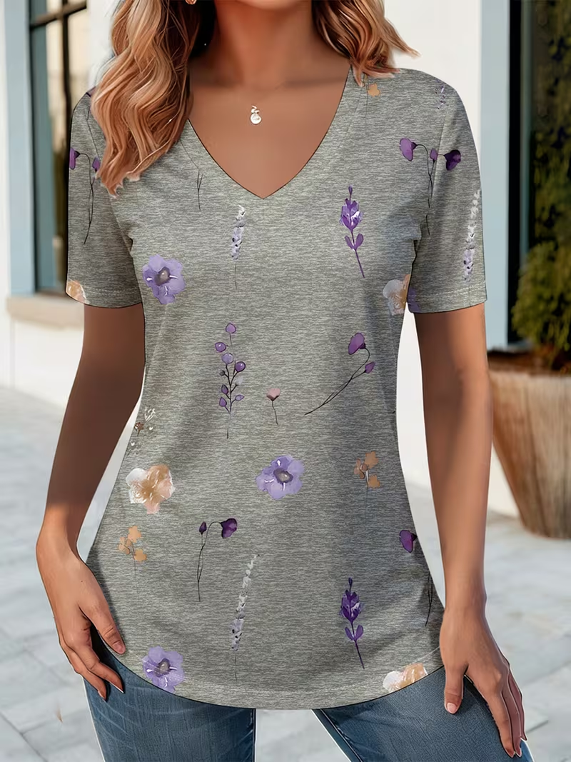 Women's Short Sleeve T-shirt Summer Gray Floral Printing V Neck Holiday Going Out Vintage Top