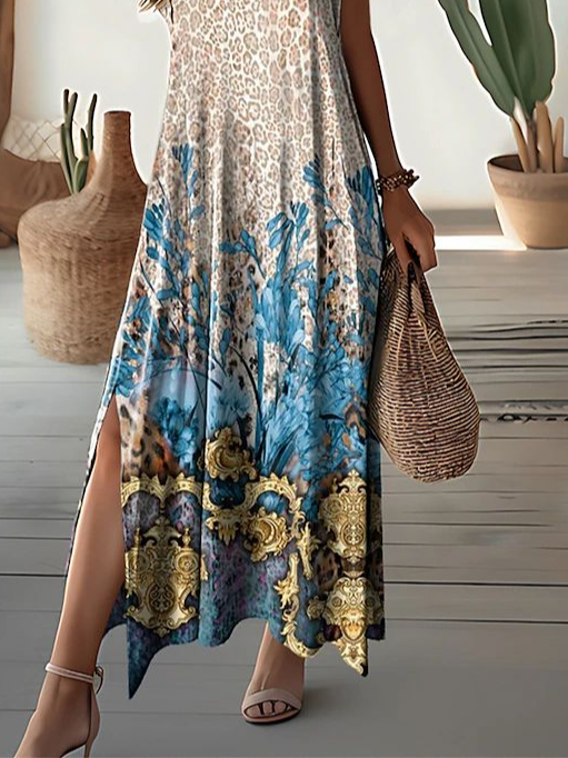 Women's Leopard Floral Print Casual V-Neck Short Sleeve Slit Dress