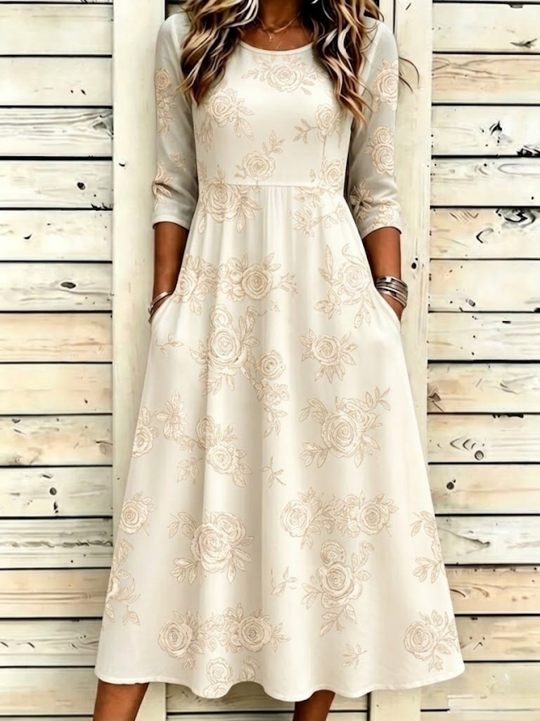 Floral Crew Neck Regular Fit Casual Dress With No