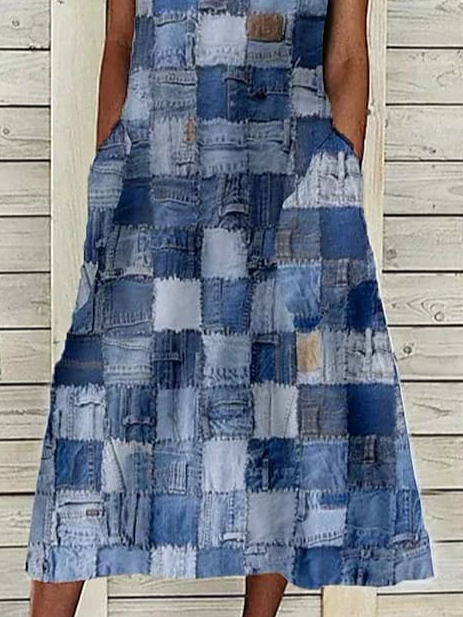 Women's Sleeveless Summer Blue Plaid Printing Crew Neck Daily Going Out Casual Maxi H-Line Fit & Flare Dress Dress