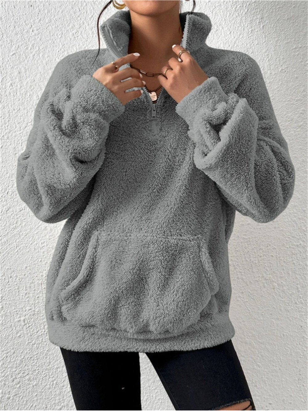 Split Joint Casual Loose Plush And Fleece Women's Stand Collar Zipper Sweatshirt
