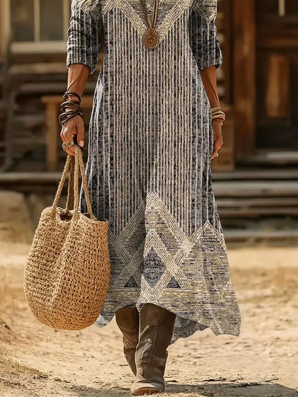 Women's Long Sleeve Spring/Fall As Picture Abstract Printing V Neck Daily Going Out Vintage Maxi H-Line Dress