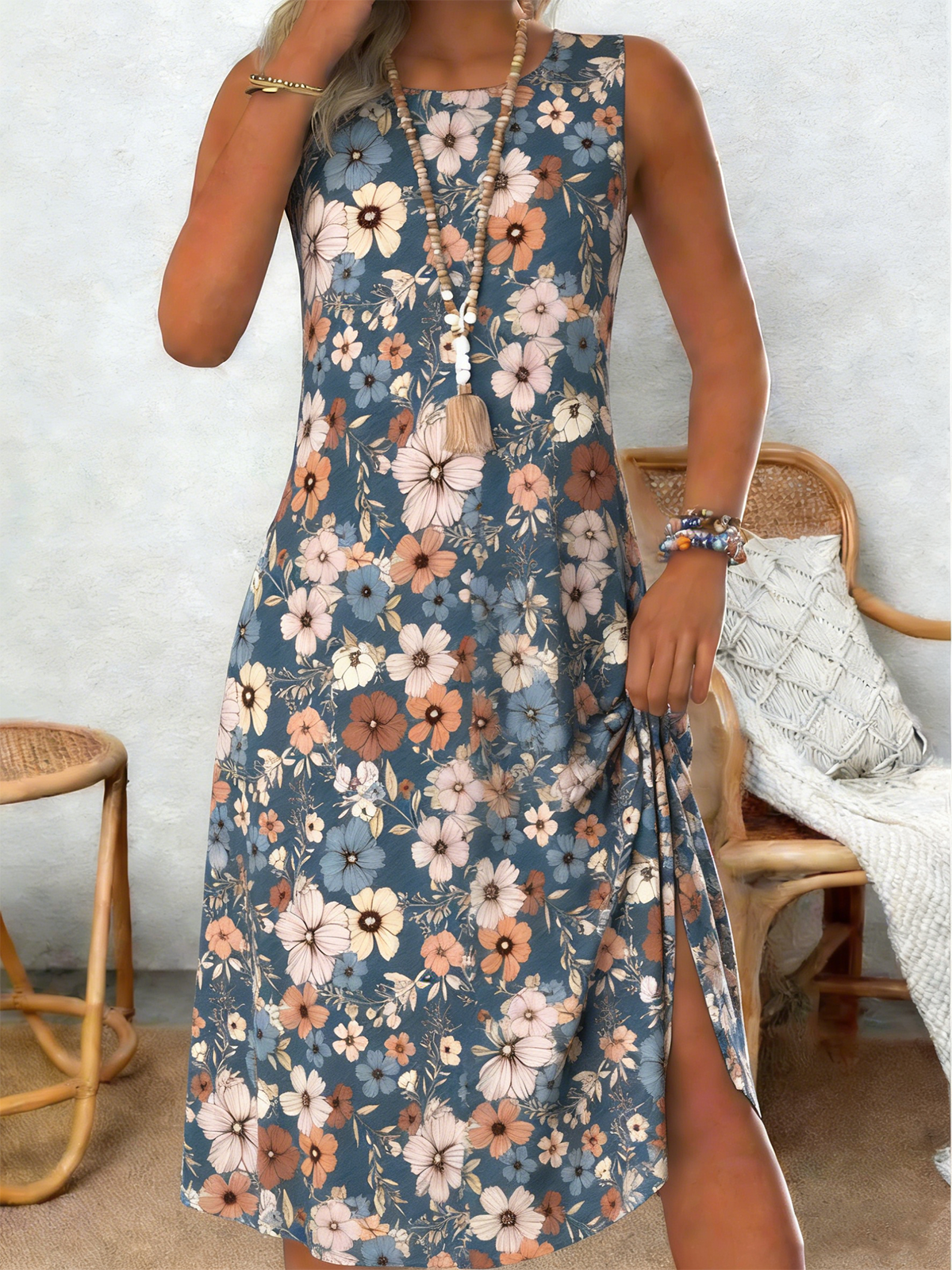 Floral Cotton Loose Casual Dress With No