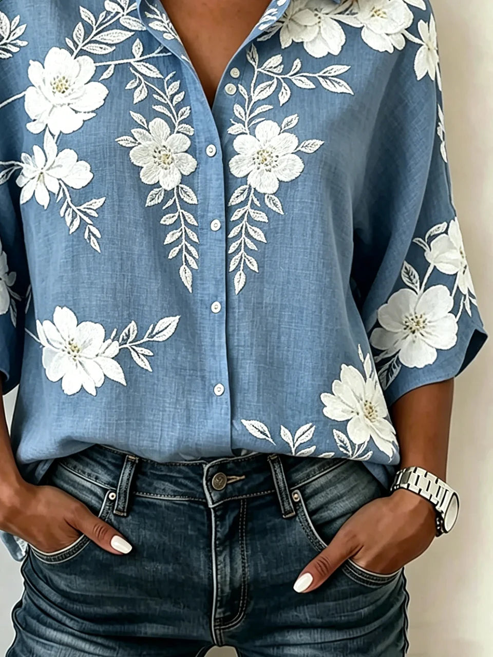Floral Elegant Shawl Collar Loose Blouse