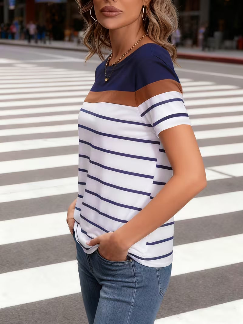 Women's Short Sleeve T-shirt Summer White Striped Printing Jersey Crew Neck Daily Going Out Casual Top