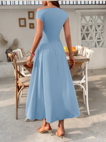 Women's Short Sleeve Summer Red Plain Asymmetrical Daily Going Out Casual Maxi A-Line Tunic Dress