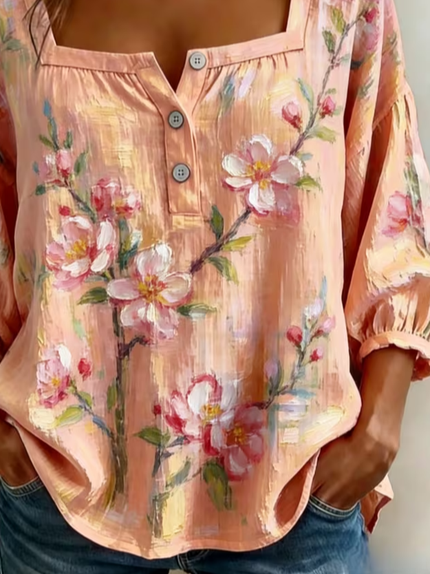 Women's Three Quarter Sleeve Blouse Spring/Fall Orange Red Floral Printing Square Neck Daily Going Out Vintage Top
