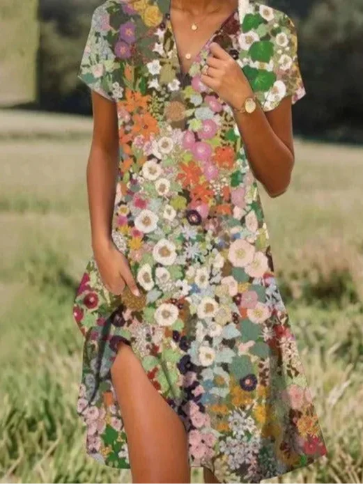 Elegant Floral Shawl Collar Loose Shirt Dress With No