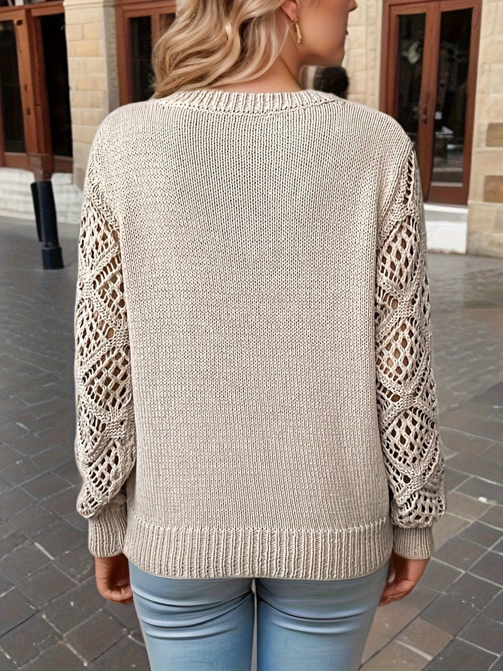 Basic Wool Hollow Knit Pullover Long Sleeve Crochet Jacquard Loose V-neck Bottoming Sweater