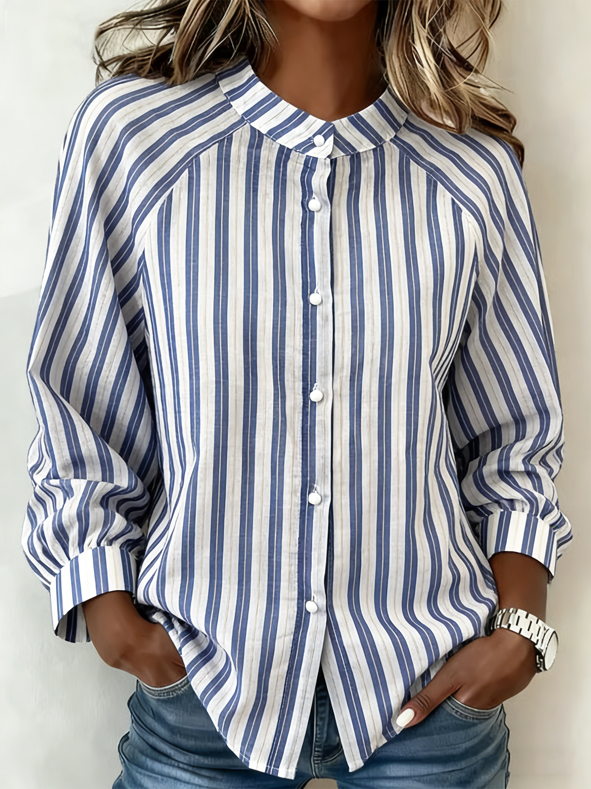 Linen Blend Balloon Sleeve Loose Others Casual Shirt