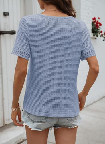 Knitted Lace Block V Neck Short Sleeve Casual T-Shirt