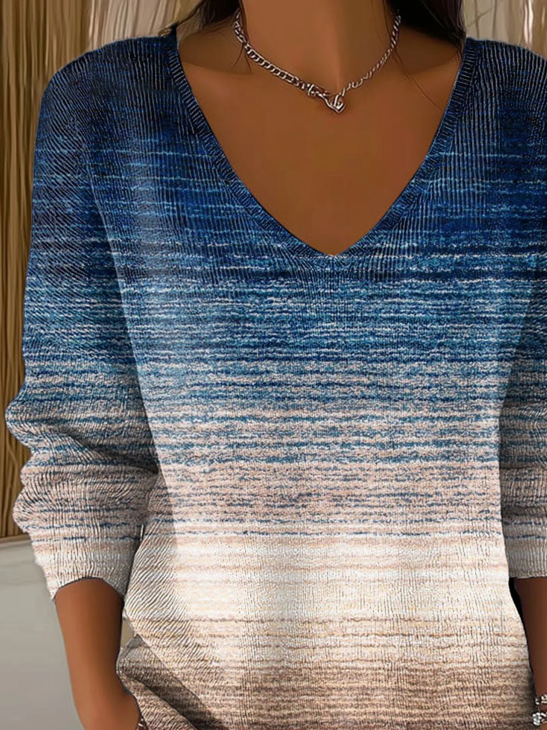 Women's Long Sleeve T-shirt Spring/Fall Blue Abstract Printing V Neck Daily Going Out Casual Top